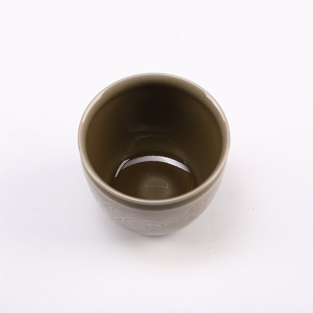 Elegant Celadon Ceramic Decorative Cup – Handcrafted Floral Relief Design for Display & Collection (Ø9.7cm x H8.4cm)
