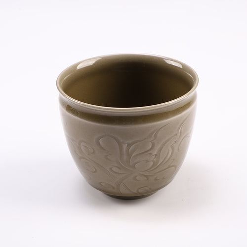 Elegant Celadon Ceramic Decorative Cup – Handcrafted Floral Relief Design for Display & Collection (Ø9.7cm x H8.4cm)